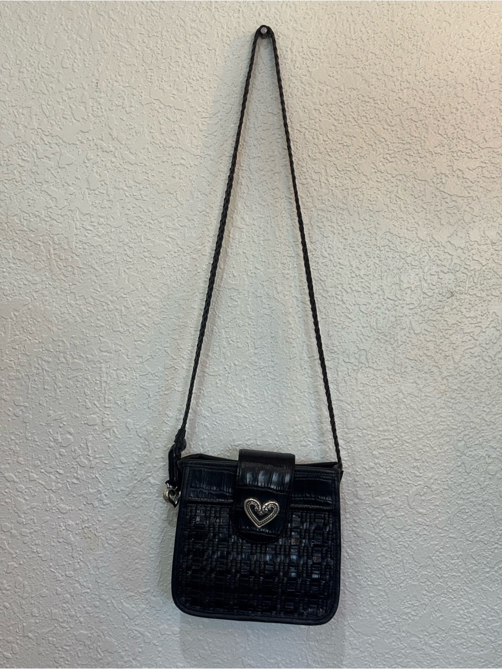 Brighton Vintage Black Leather Woven Crossbody Bag Heart Detail Boho Classic